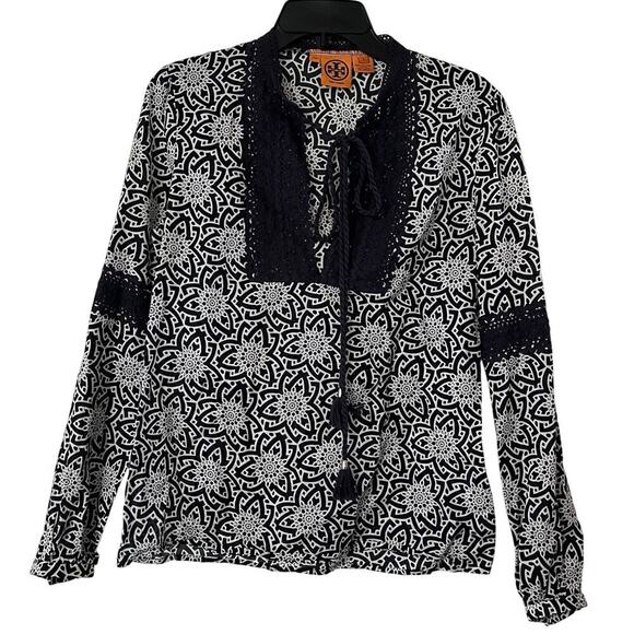 Tory Burch Boho Floral Lace Trim Top Long Sleeve Blouse Size 6 - Picture 2 of 10